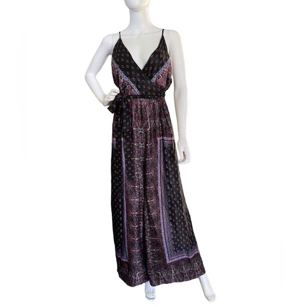 Free People Cabbage Rose Black Satin Tie Waist Jumpsuit 4